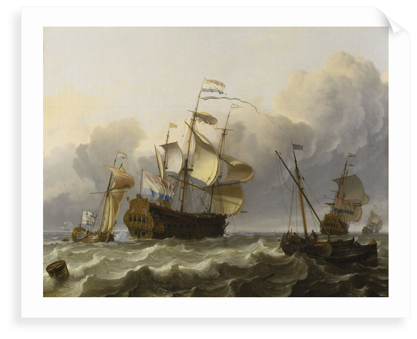 A Dutch flagship with a yacht under her stern by Ludolf Bakhuizen