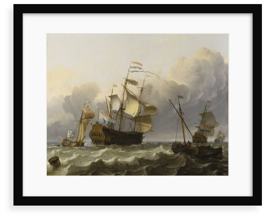 A Dutch flagship with a yacht under her stern by Ludolf Bakhuizen