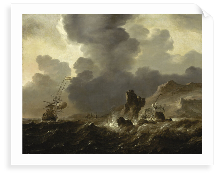 A Dutch ship wrecked on a rocky coast by Ludolf Bakhuizen