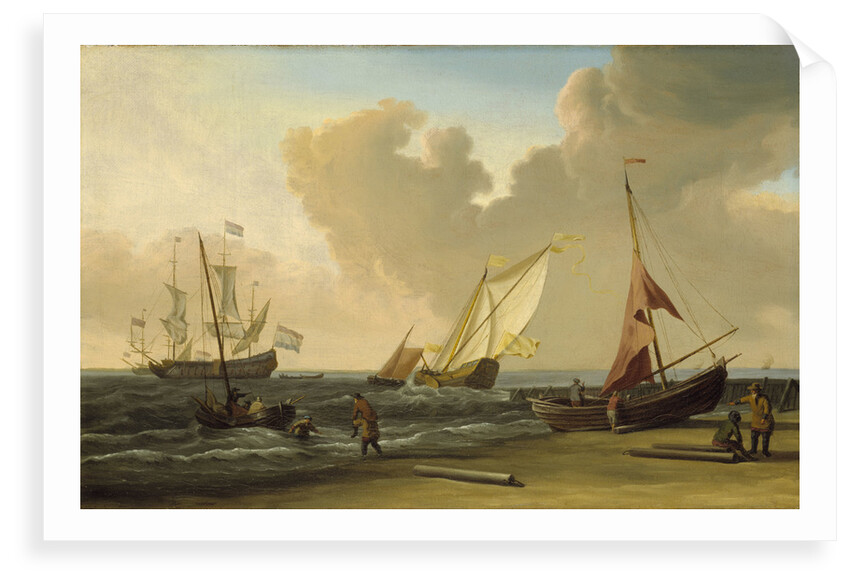 A fishing pink hauled up on the beach in a fresh breeze on the Dutch coast by Willem Van de Velde the Younger