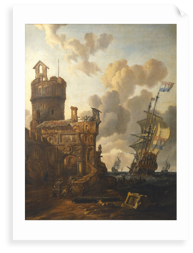 A Dutch ship passing a fort by Abraham Storck