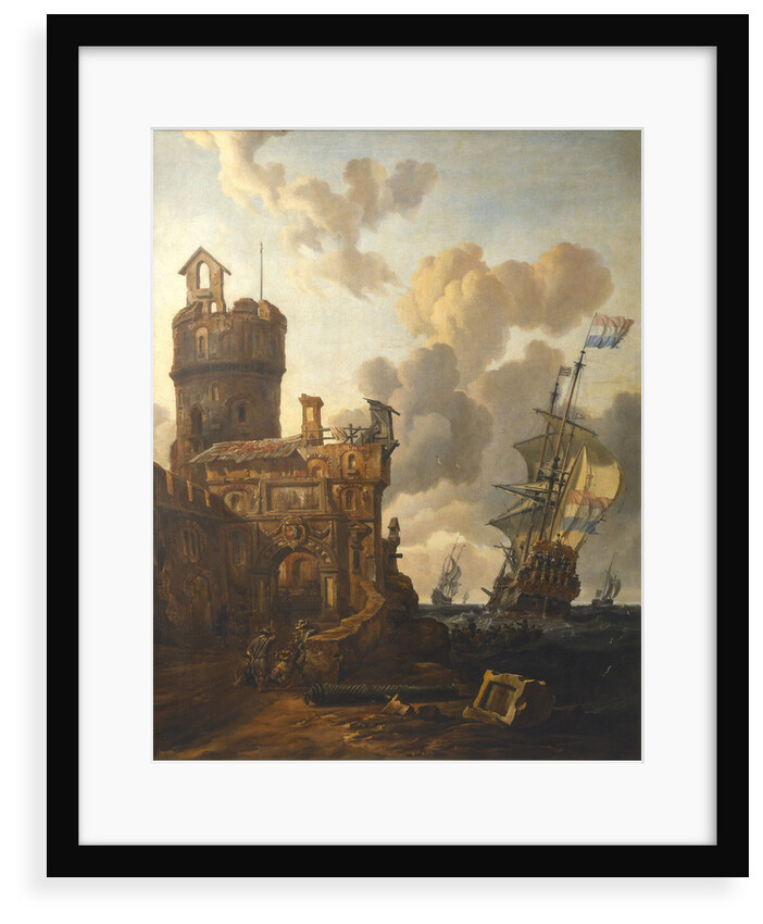 A Dutch ship passing a fort by Abraham Storck