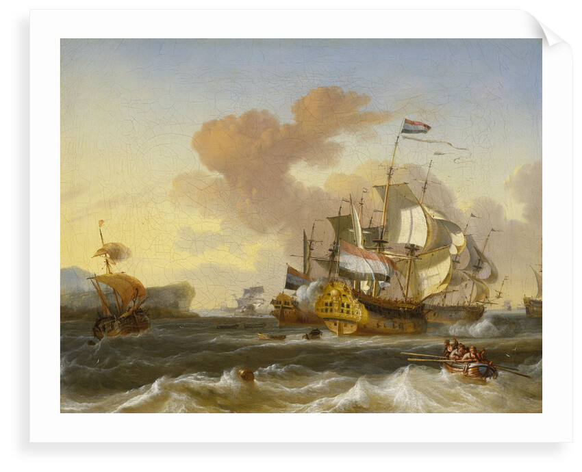 A Dutch flagship and other vessels off a rocky coast by Hendrik Rietschoof