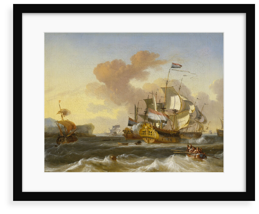 A Dutch flagship and other vessels off a rocky coast by Hendrik Rietschoof