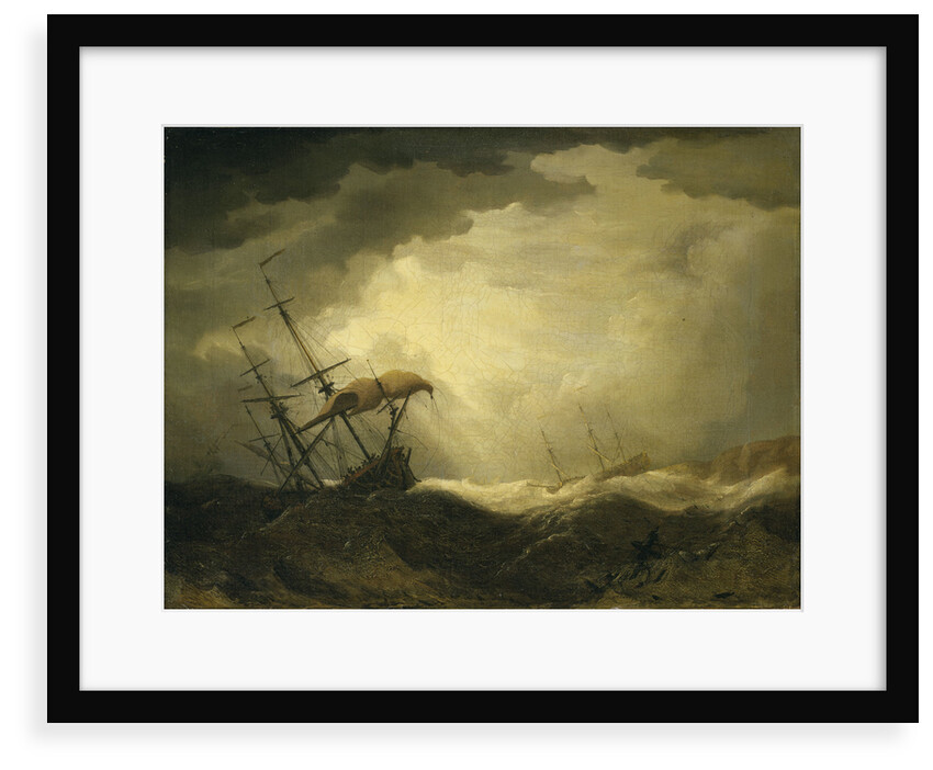 Ships driving onto a rocky shore in a heavy sea by Cornelis van de Velde