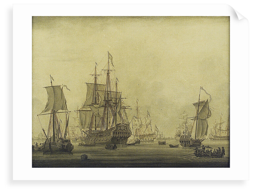 Calm: Dutch ships at anchor in a crowded harbour by Cornelis Bouwmeester