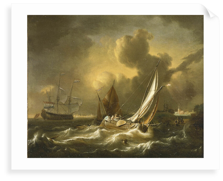 A fishing boat and other vessels in a squall by Hendrik Rietschoof