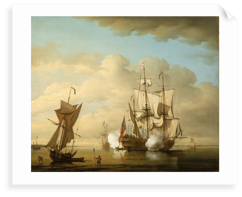 A man-of-war firing a gun at sundown by Peter Monamy