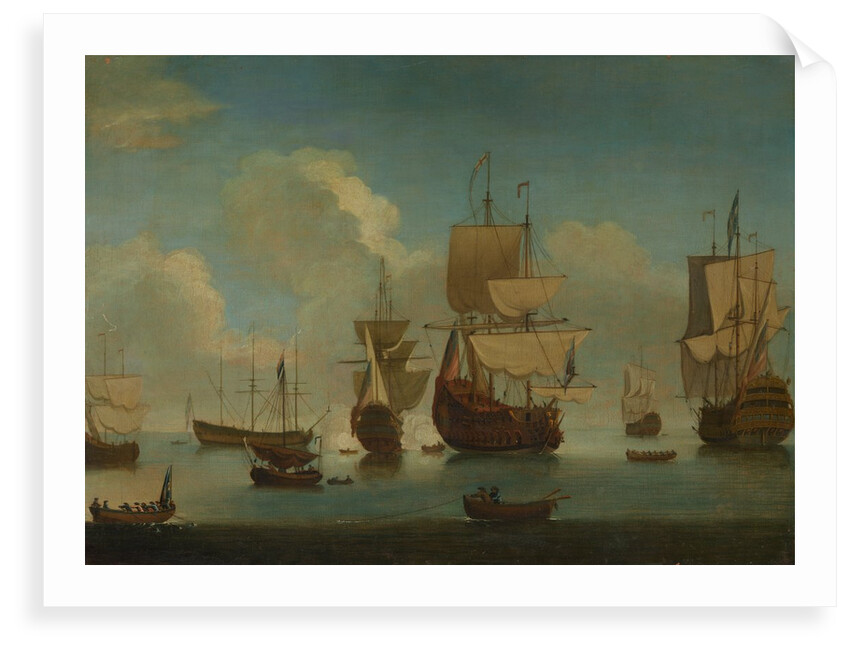 English warships at anchor in a calm, drying sails by Unknown