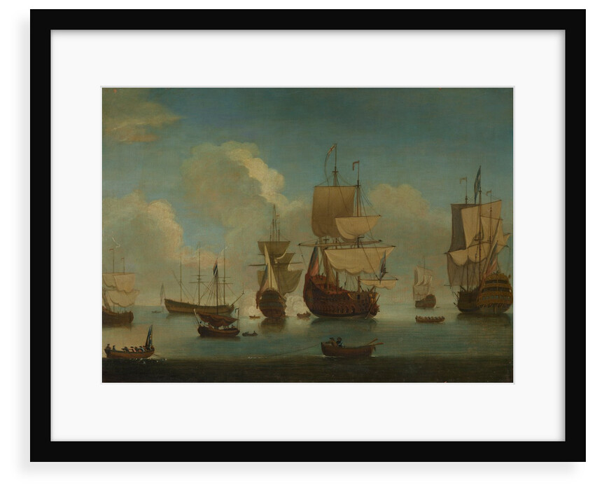 English warships at anchor in a calm, drying sails by Unknown