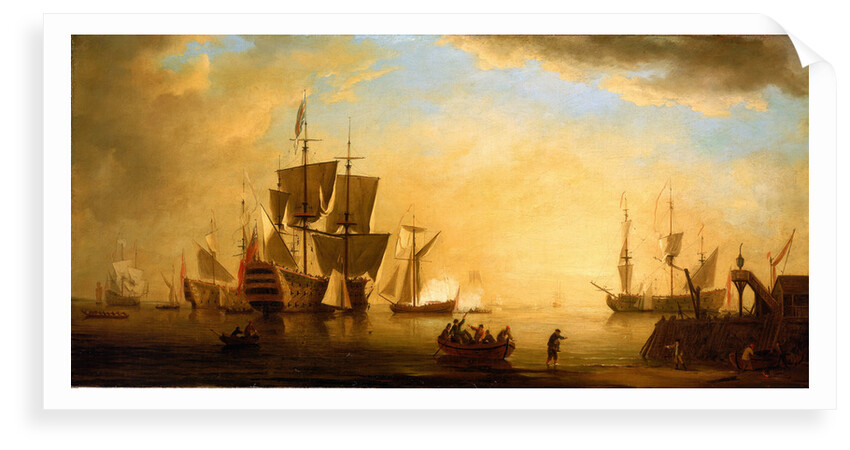 An English flagship and other vessels becalmed at sun down by Peter Monamy