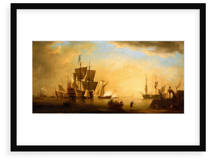 An English flagship and other vessels becalmed at sun down by Peter Monamy