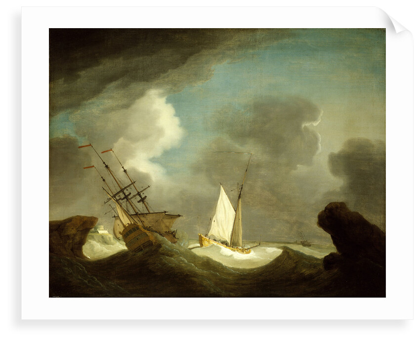 An Indiaman and a royal yacht in a storm off a rocky coast with a castle by Peter Monamy