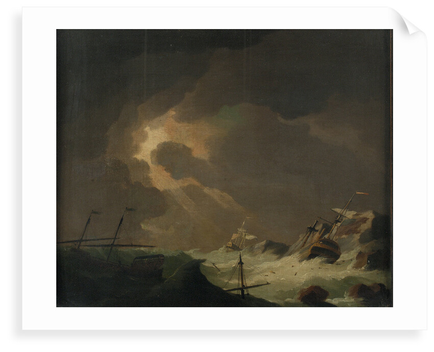 A galley with other vessels wrecked on a rocky coast by Charles Brooking