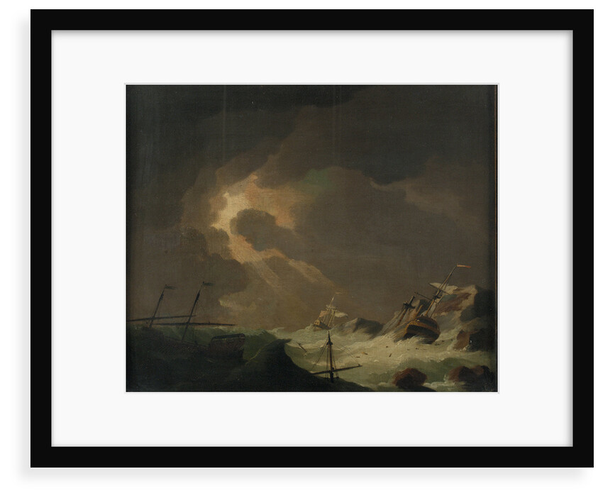 A galley with other vessels wrecked on a rocky coast by Charles Brooking