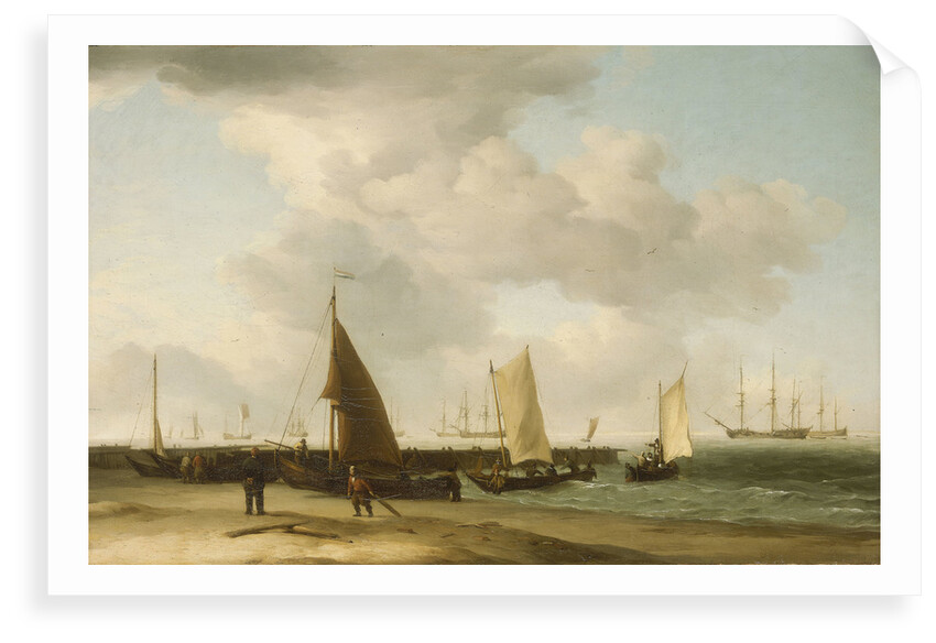 A beach scene with man-of-war in the distance by Charles Brooking