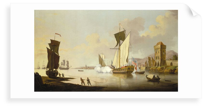 Fishing scene, with a yacht beached near the shore by Francis Swaine