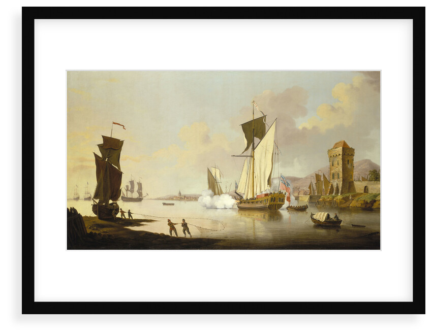 Fishing scene, with a yacht beached near the shore by Francis Swaine