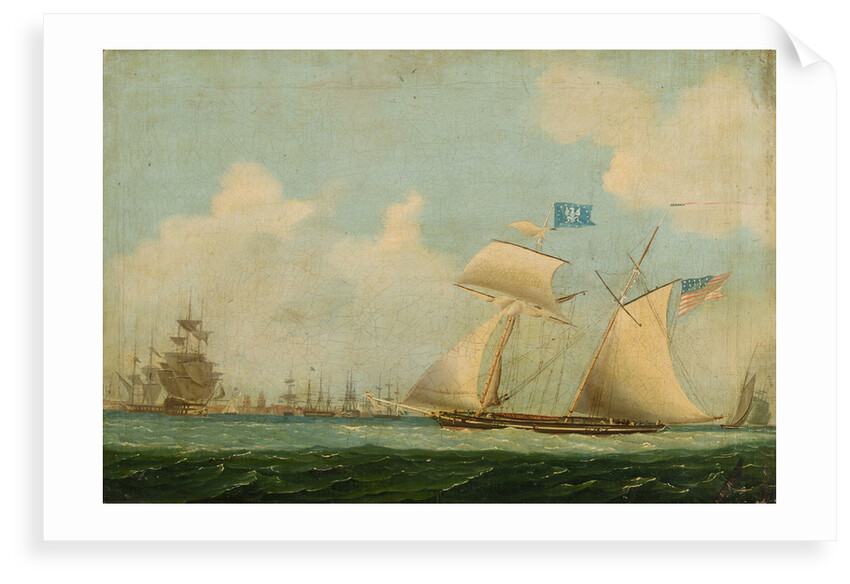 An American privateer schooner and other vessels near a harbour by Burton
