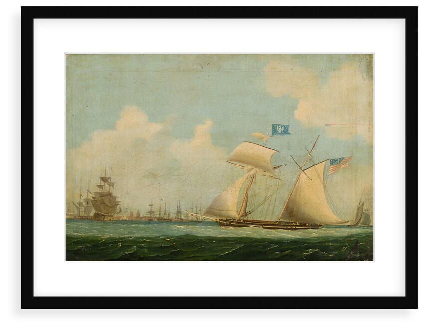 An American privateer schooner and other vessels near a harbour by Burton