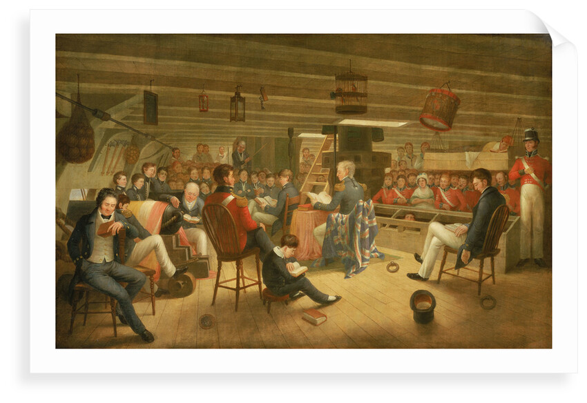 Divine service as it is usually performed on board a British frigate at sea by Augustus Earle
