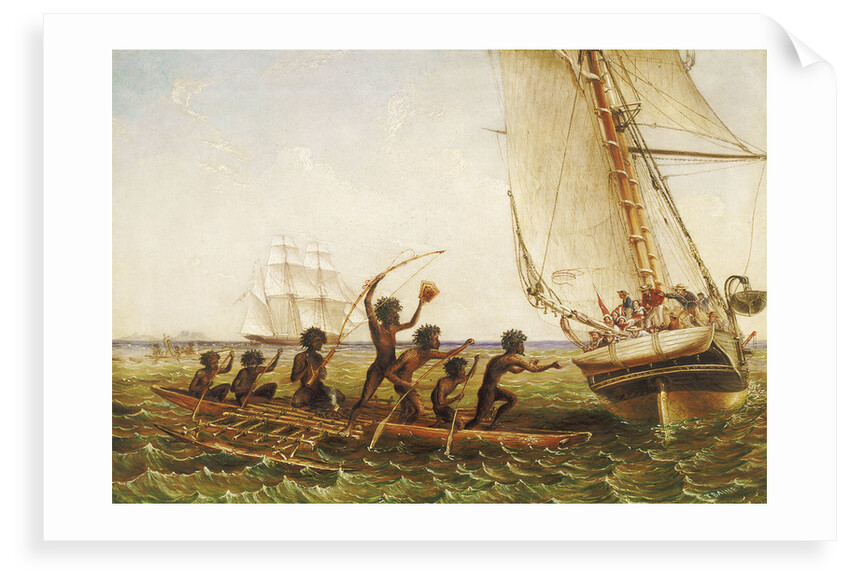 Aboriginal canoes communicating with Monarch and the Tom Tough, 28 August 1855 by John Thomas Baines