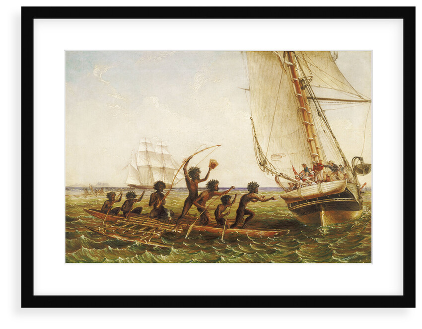 Aboriginal canoes communicating with Monarch and the Tom Tough, 28 August 1855 by John Thomas Baines
