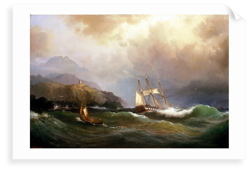 A frigate clawing off a rocky coast by Vilhelm Melbye