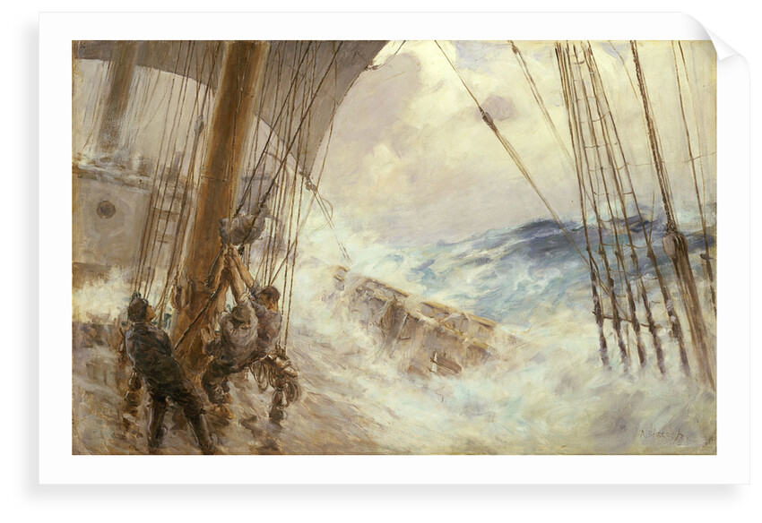 Clewing up the mainsail in heavy weather by Arthur John Trevor Briscoe