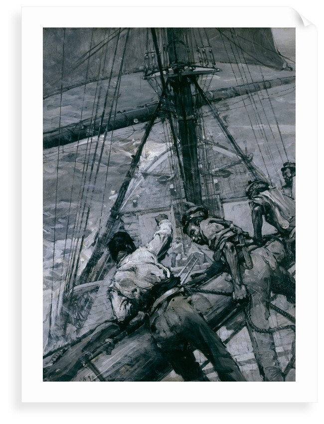 Heavy weather in the Channel: stowing the mainsail by Frank William Brangwyn
