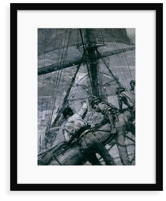 Heavy weather in the Channel: stowing the mainsail by Frank William Brangwyn