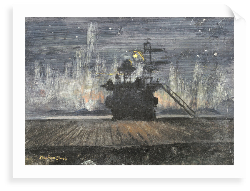 HMS 'Pursuer': view of an island against the Aurora Borealis by Stephen Bone