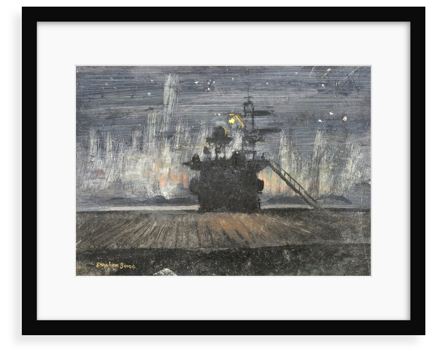 HMS 'Pursuer': view of an island against the Aurora Borealis by Stephen Bone