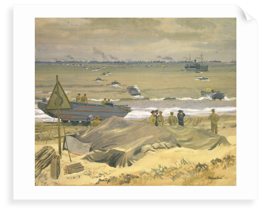 View of Courseulles with DUKWs landing stores by Stephen Bone