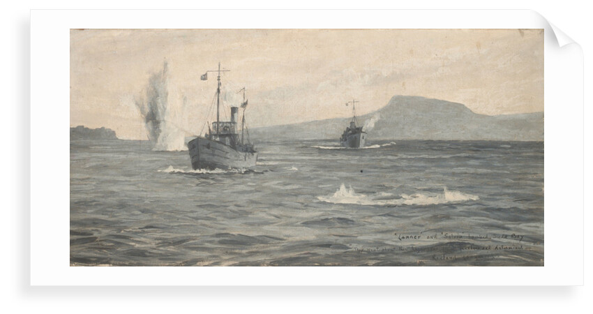 HMS 'Lanner' and 'Salvia' under bomb attack in Suda Bay by Rowland John Robb Langmaid