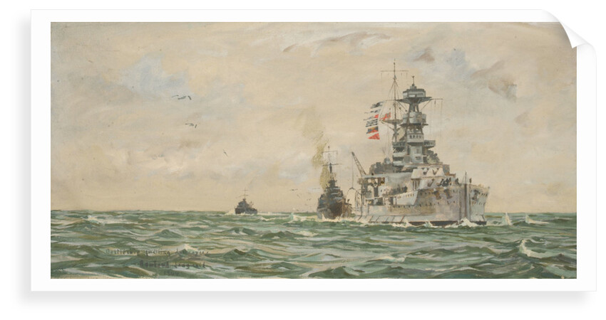 HMS 'Malaya' refuelling destroyers at sea by Rowland John Robb Langmaid