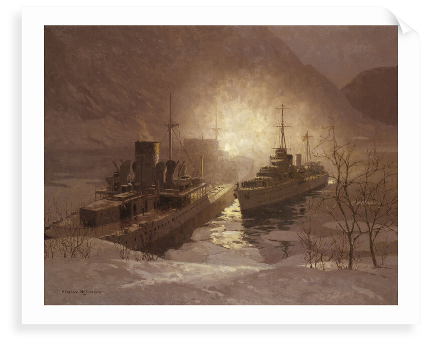 HMS 'Cossack' and the store ship 'Altmark', 16 February 1940 by Norman Wilkinson