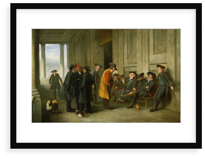 Pensioners outside the chapel at Greenwich ('An Old Tar doing Penance for his devotion to Jolly Bacchus') by Henry James Pidding