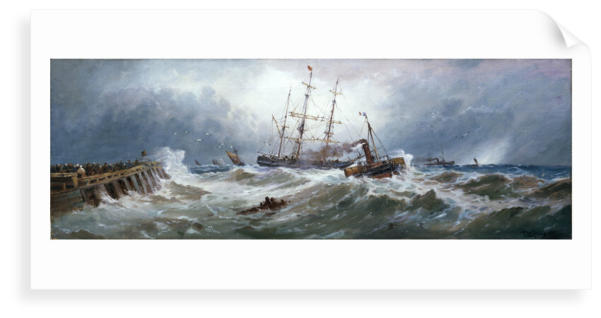 A French paddle tug bringing a barque into Boulogne harbour in heavy weather by Thomas Bush Hardy