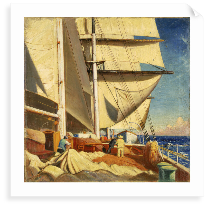 Mending sails on the deck of the 'Birkdale' by John Everett