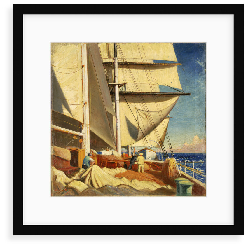 Mending sails on the deck of the 'Birkdale' by John Everett