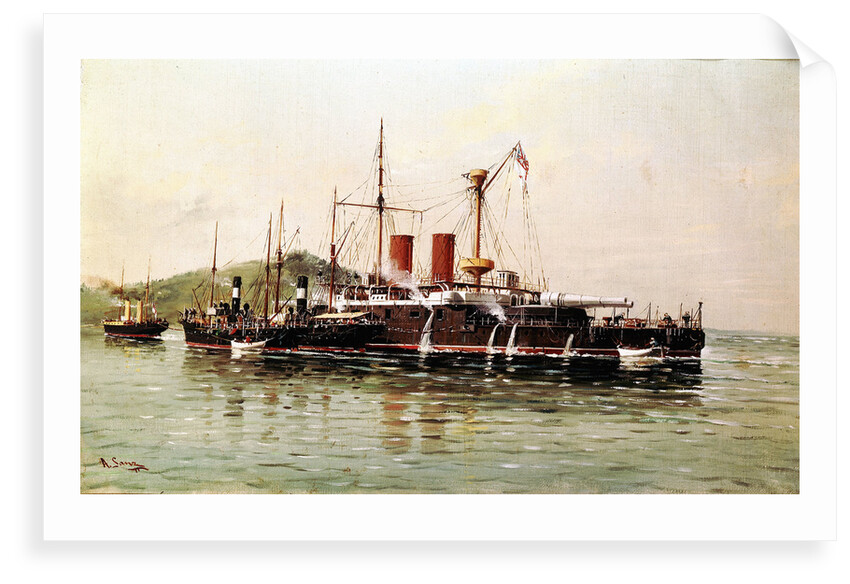 HMS 'Howe' being towed into Emsenanda de la Malata by HMS 'Seahorse' with salvage steamers alongside by A. Sanz