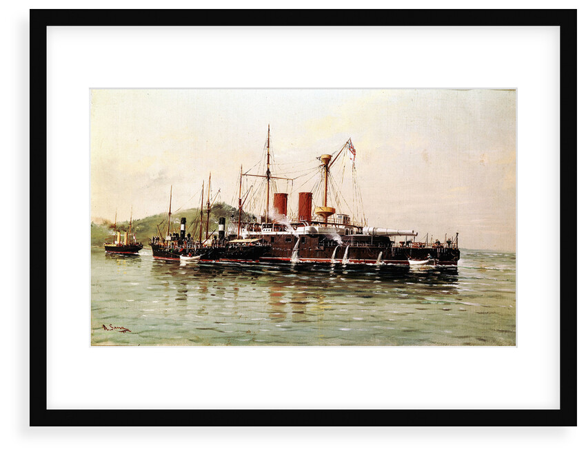 HMS 'Howe' being towed into Emsenanda de la Malata by HMS 'Seahorse' with salvage steamers alongside by A. Sanz