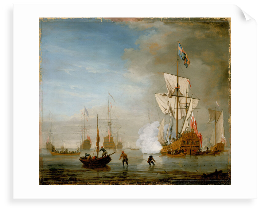 Calm: an English ketch rigged yacht, thought to be the Isabella, with other ships and vessels near the shore by Peter Monamy