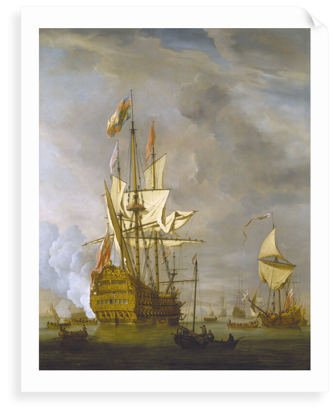 Calm: HMS 'Royal Sovereign' with a Royal yacht in a light air by Willem Van de Velde the Younger