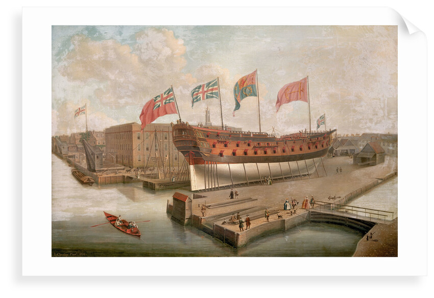 HMS 'Buckingham' on the stocks at Deptford by John Cleveley