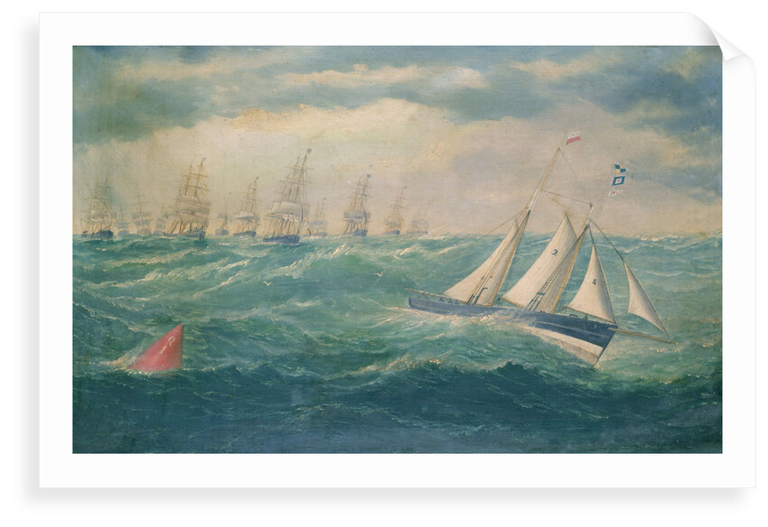 Liverpool pilot schooner No 2, the Leader, leading a fleet of vessels over the Mersey bar during a gale, 8 February 1881 by William Howard Yorke