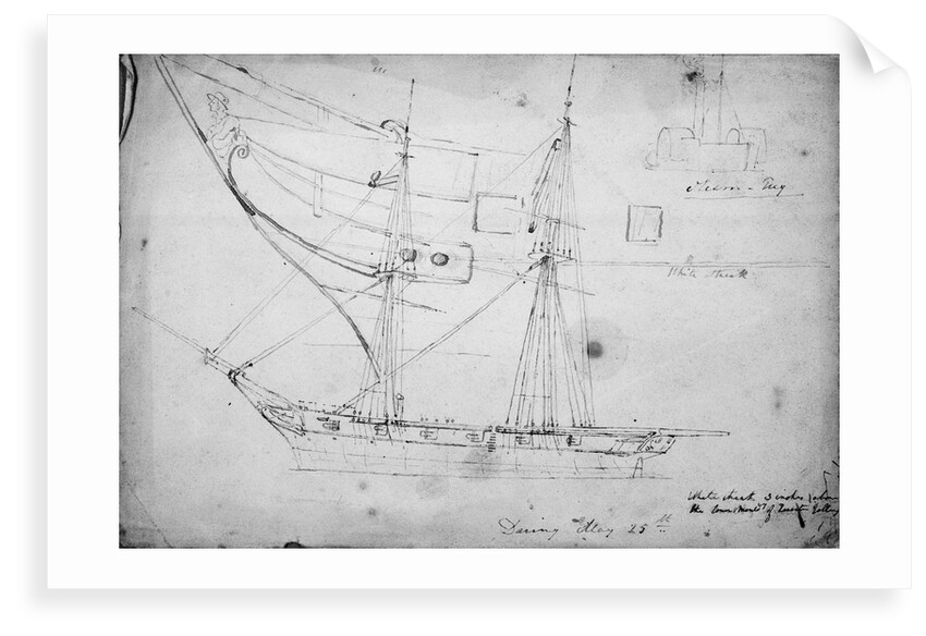 Sketch of sailing vessel 'Daring' and detail of her figurehead by Thomas Robert Strickland