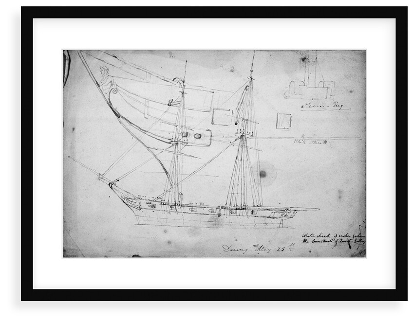 Sketch of sailing vessel 'Daring' and detail of her figurehead by Thomas Robert Strickland