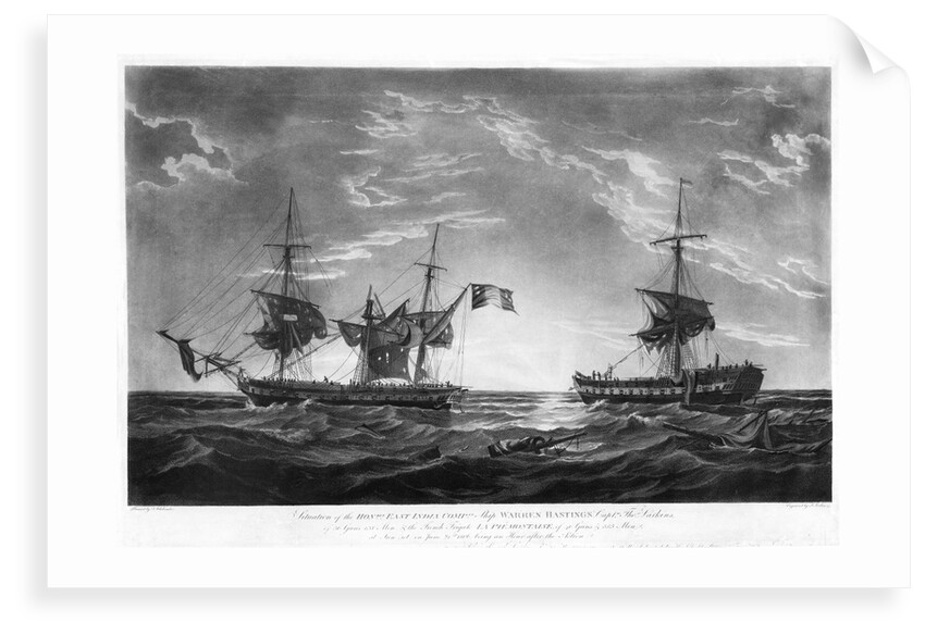 Situation of the Honble East India Compys Ship Warren Hastings...and the French Frigate La Piemontaise.. on June 21st, 1806... after the Action by Thomas Whitcombe; Joseph Jeakes
